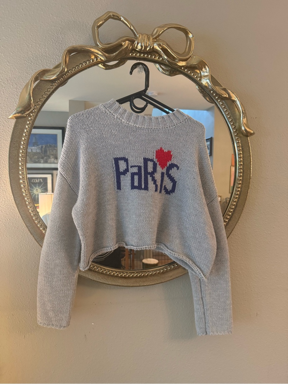 Cropped Grey 'PARIS' Crewneck Sweater with Red Heart